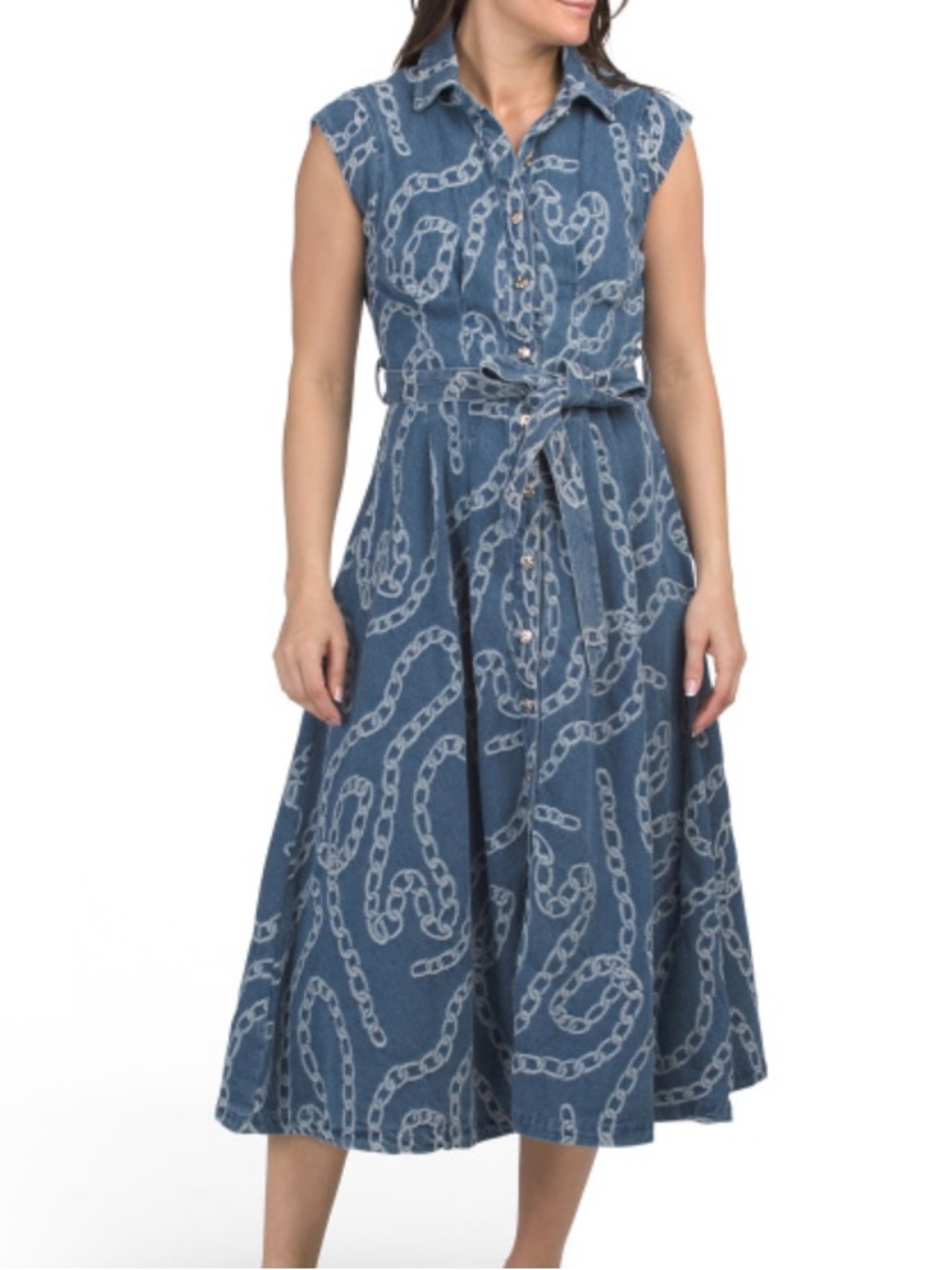 Zoe & Claire Sleeveless Blue Chain-Print Midi Dress with Waist Tie